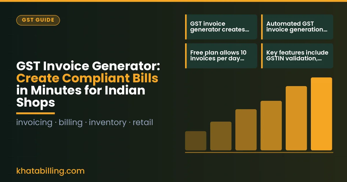Indian shopkeeper using tablet to generate GST invoice at billing counter with inventory items and barcode scanner