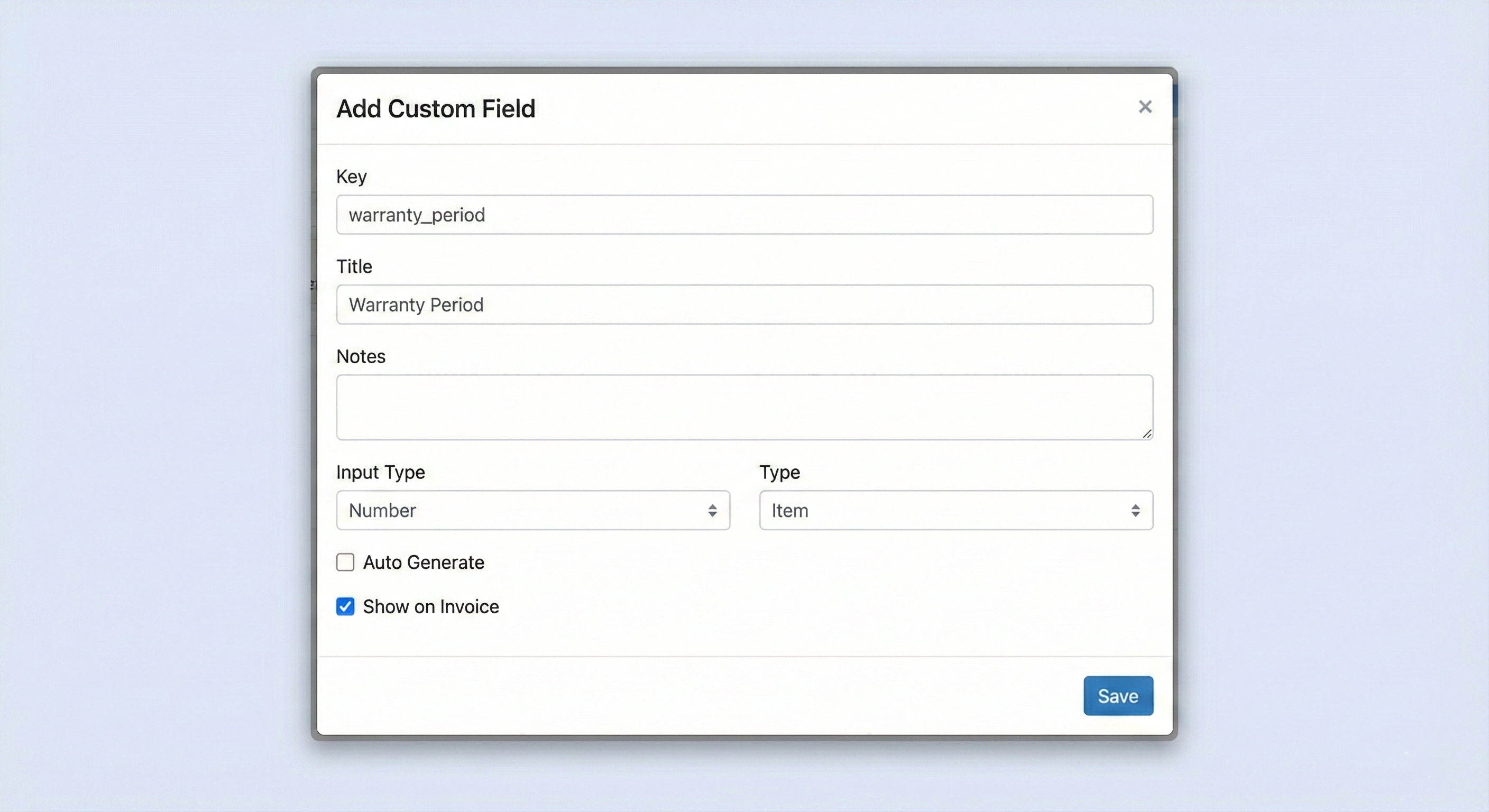 Here is what the 'Add Custom Field' screen looks like