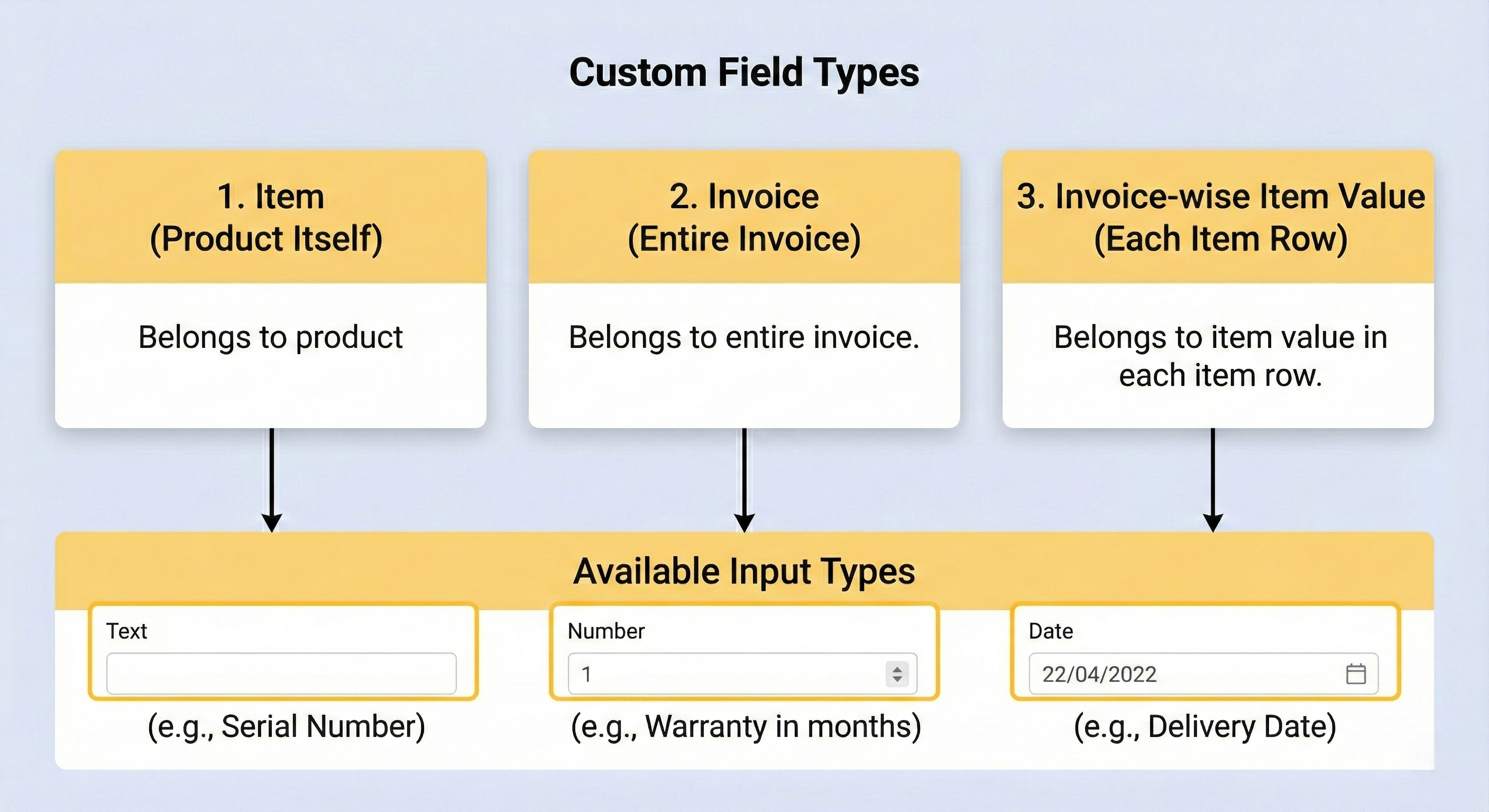 This infographic summarizes the different field types and their available input formats